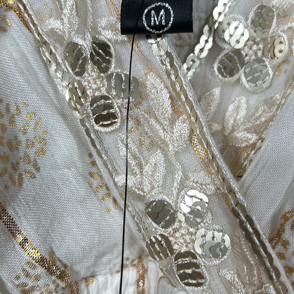 Me 2 Magic Cream over Gold Print V-neck Ruched Back Layered Skirt Maxi Dress M - Picture 14 of 17